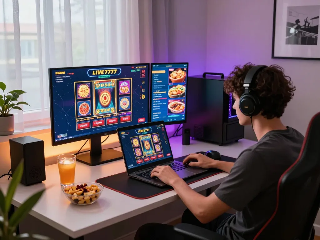 Engaging home setup showcasing live slot777 gameplay on a laptop with snacks and drinks.