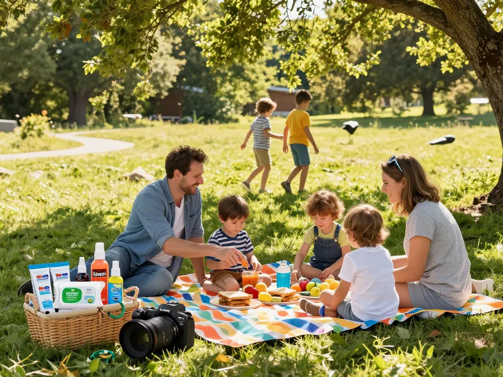Family enjoying a picnic with effective mosquito repellent products displayed, ensuring comfort outdoors.