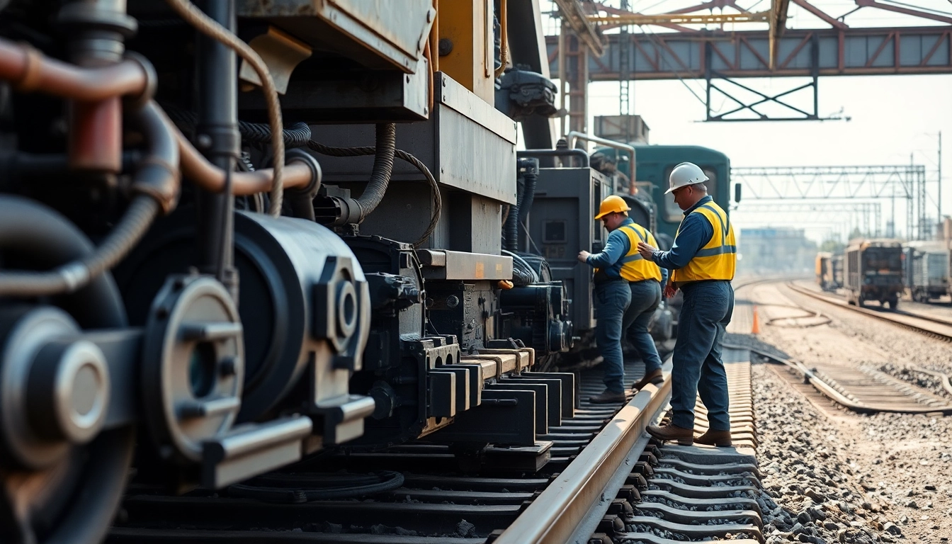 Workers performing derailment repairs on train tracks with heavy machinery present.