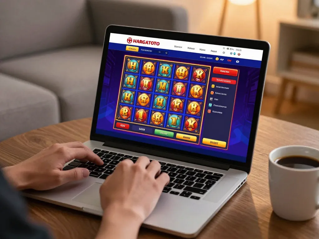 hargatoto daftar online slot game interface on laptop with player placing bets in a cozy setting