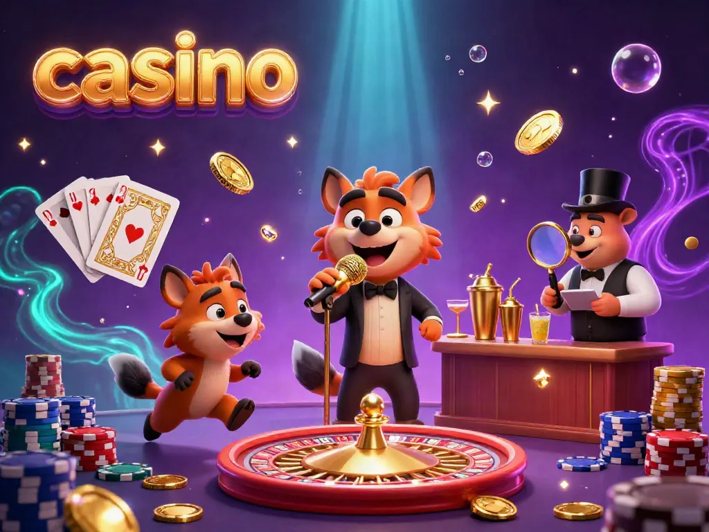 Experience a lively casino atmosphere as hyenas entertain, mix drinks, and check IDs under dazzling lights.