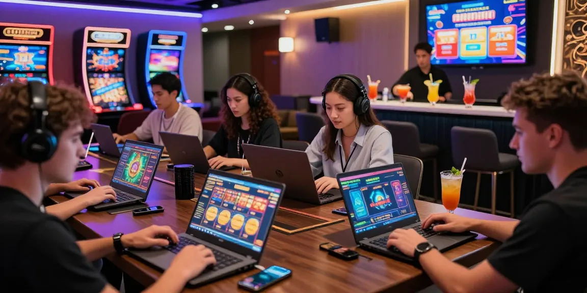 Exciting non UK casino gaming scene with players engaged on devices and vibrant decor.