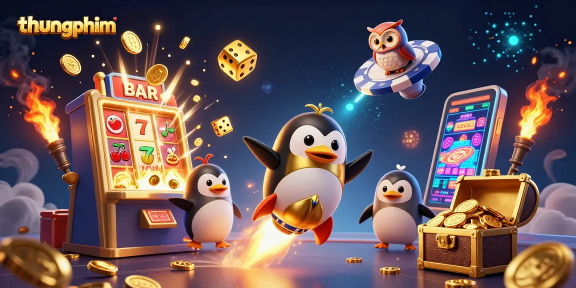 Catch thrilling moments with thungphim featuring a penguin, jackpots, and casino symbols in a dynamic scene.