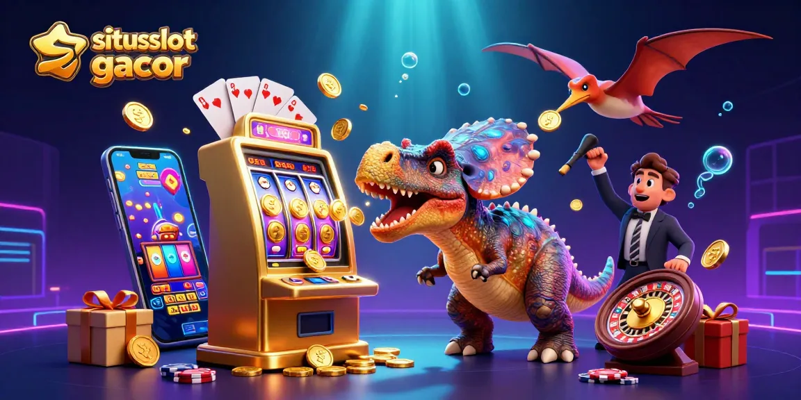 Situs slot gacor scene with a cartoon pachycephalosaurus headbutting a golden slot machine for a jackpot, dynamic energy.