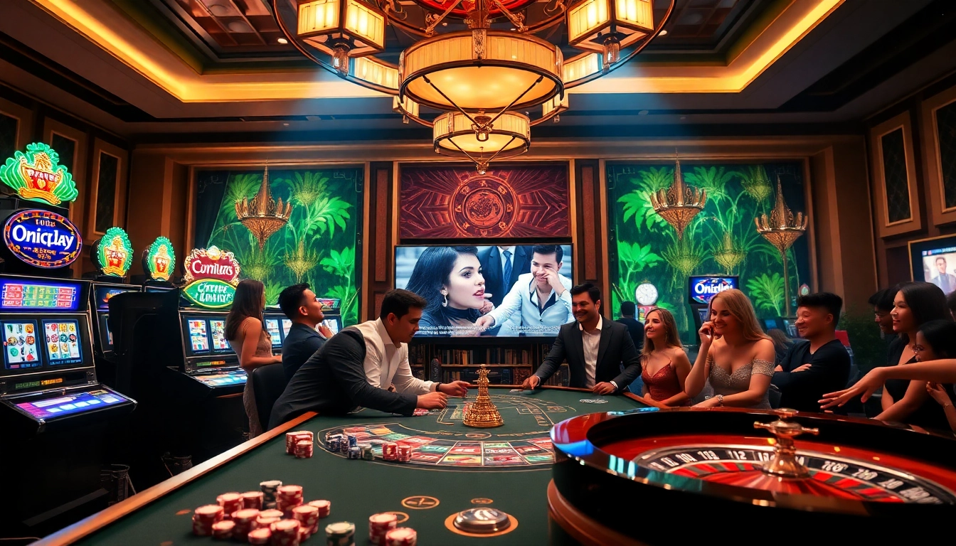 Experience the thrill of Onicplay with an elegant casino atmosphere featuring vibrant slot machines and engaged players.