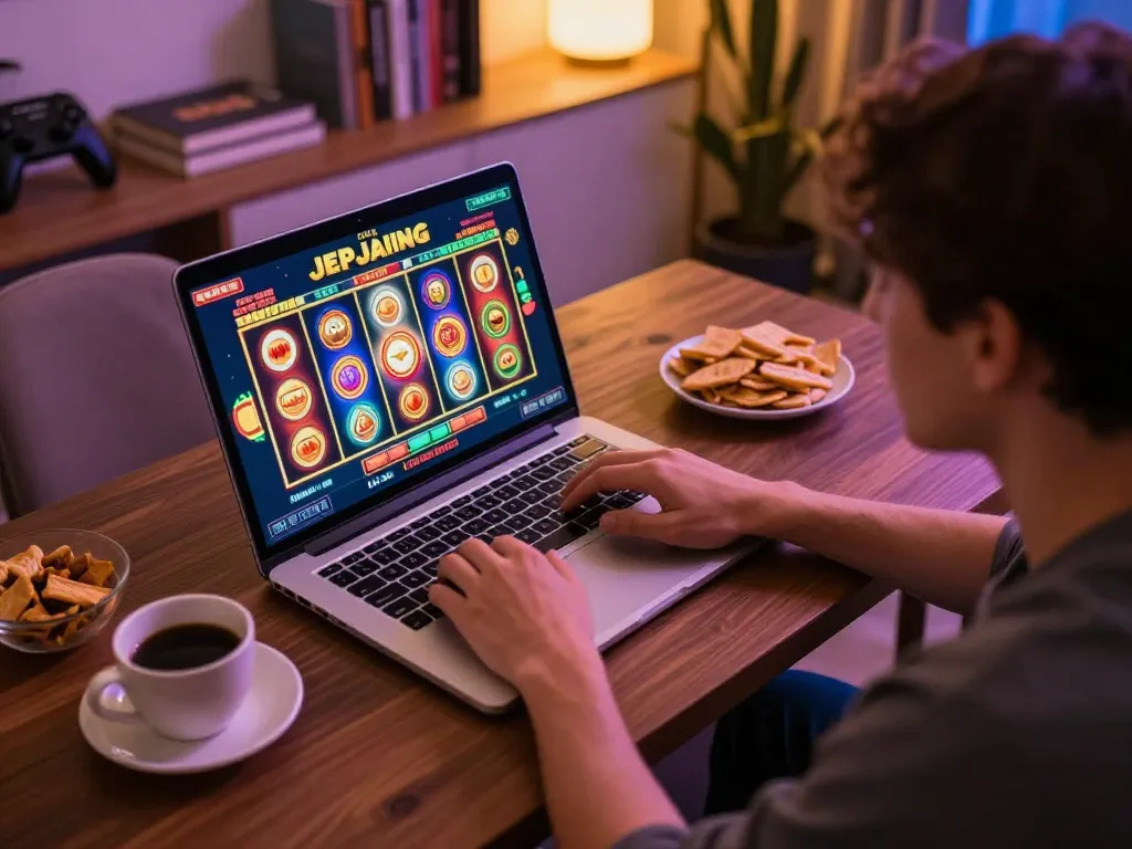 Engaging in a live slot jepang game on a laptop, highlighting a vibrant online gambling atmosphere.