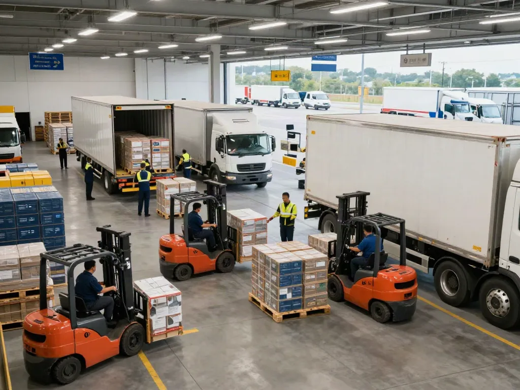 LKW Spedition in Dortmund bei der effizienten Beladung und Entladung von Transportfahrzeugen in moderner Logistikanlage.