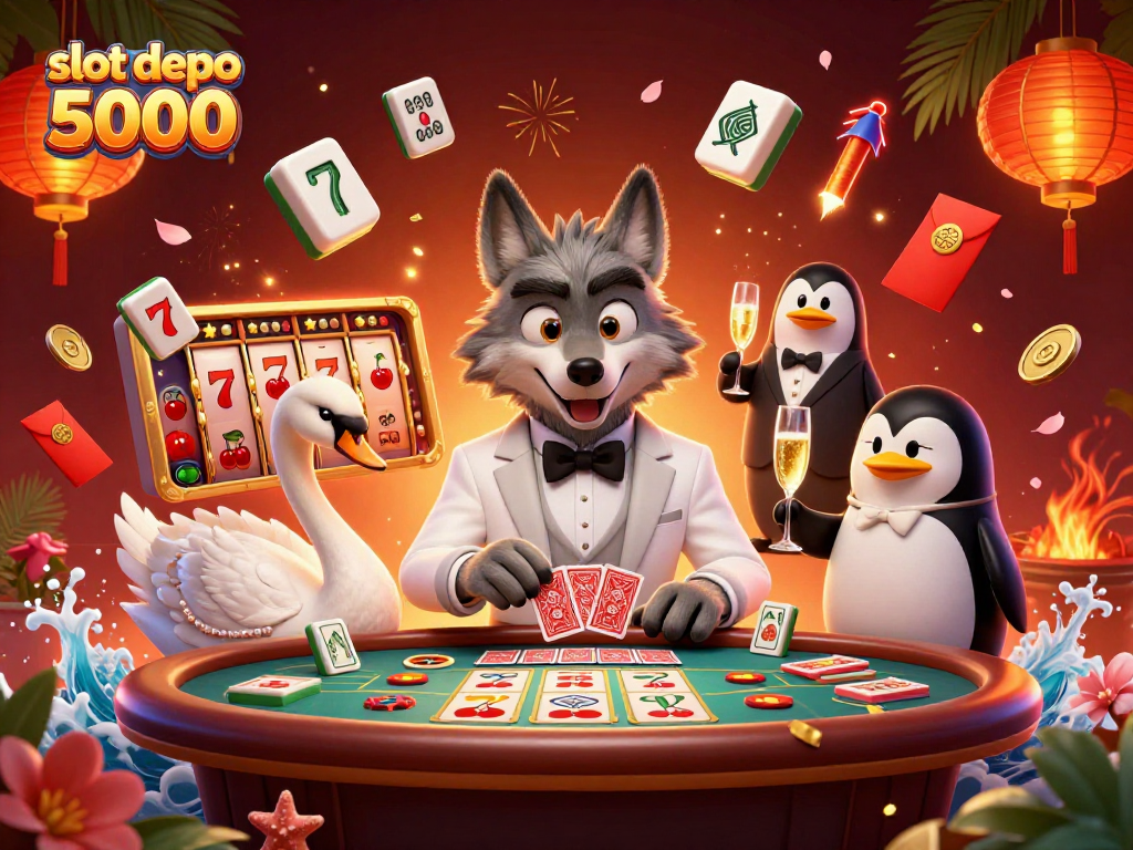 Engage in slot depo 5000 with a cartoon wolf, swan, and penguin amid a vibrant casino scene.