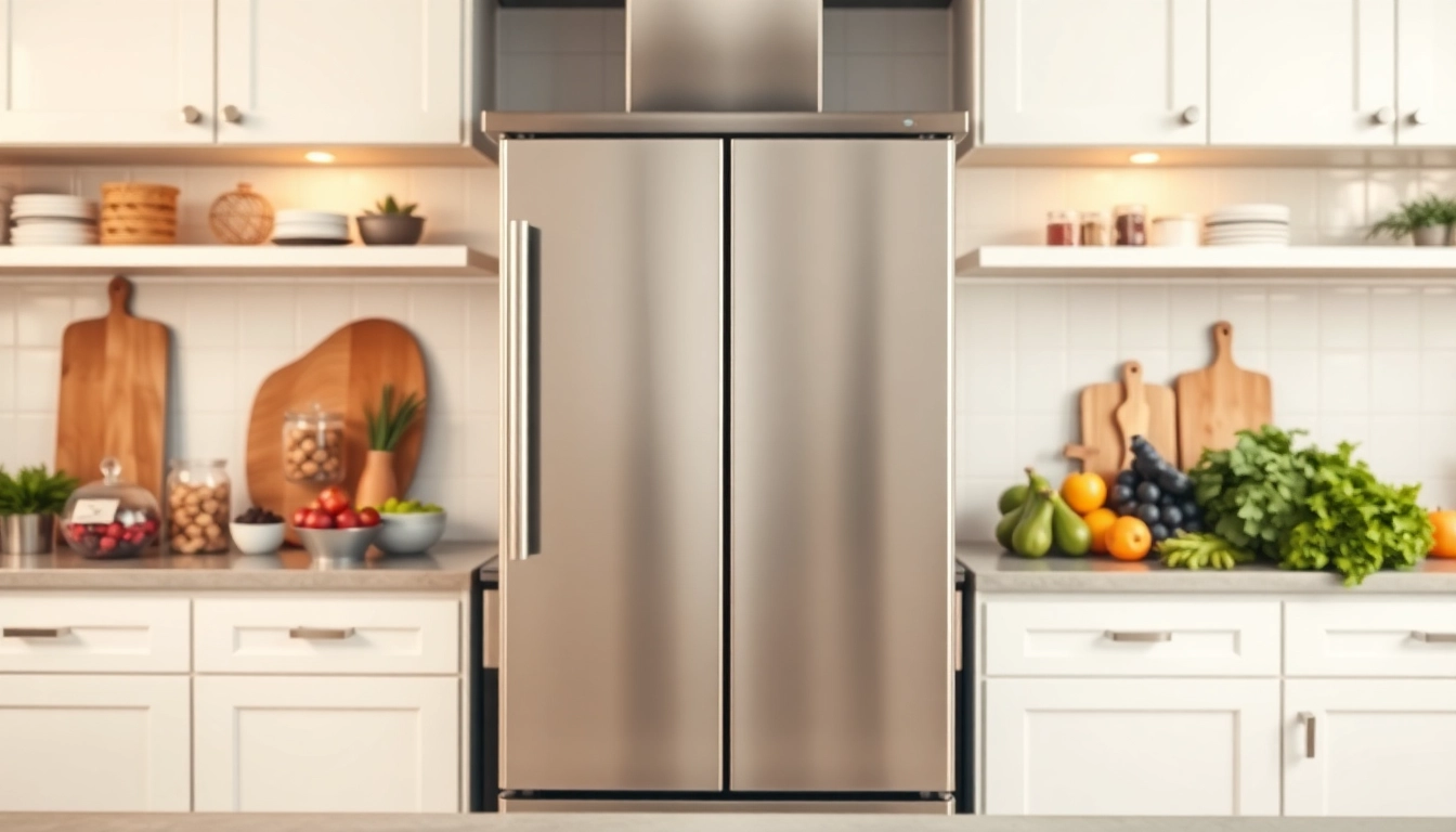 Feature a modern freezer in a professional kitchen, highlighting its sleek design and functionality.
