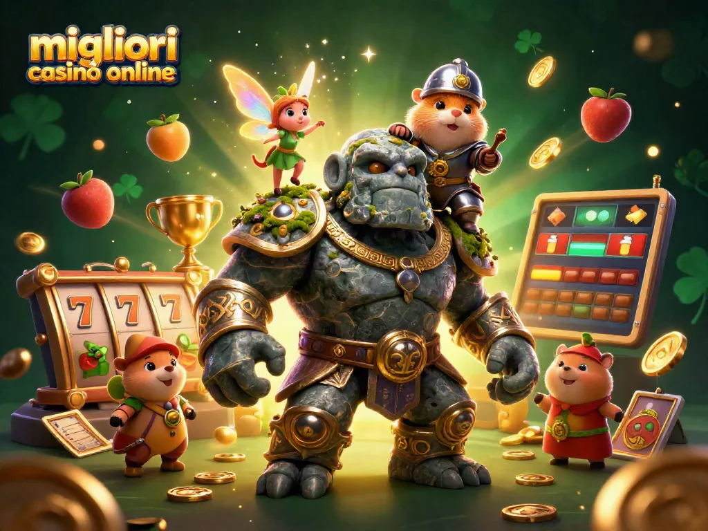 Gioca nei migliori casinò online con slot dinamiche e un golem magico in un'illustrazione 3D vivace.