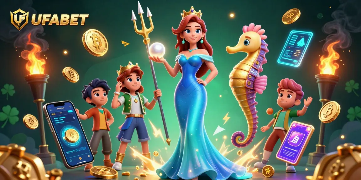 Experience UFABET with a vibrant 3D scene featuring a stunning woman, trident-wielding seahorse, and glowing crypto elements.