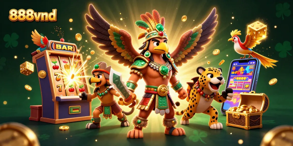 Engage with thrilling slots and jackpots at 888vnd, showcased in a vibrant and dynamic illustration.