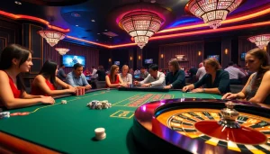 A bustling casino environment at KJC AC, showcasing poker chips, roulette, and happy players for an engaging gambling experience.