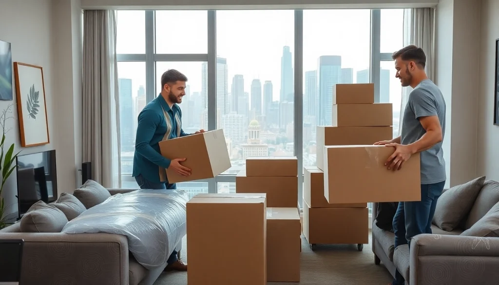Efficient Toronto moving services team packing furniture and boxes in a bright apartment.