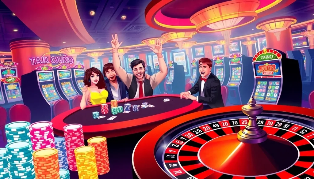 KJC AC casino gaming scene with poker chips, roulette, and dynamic players.