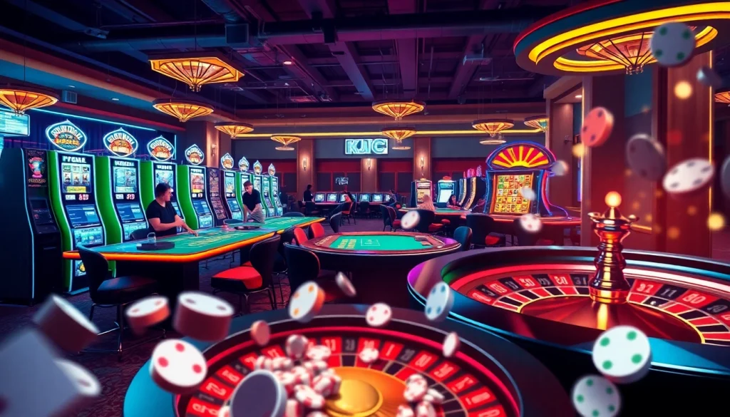 High-energy casino setting showcasing KJC AC, featuring vibrant slot machines, poker games, and roulette.