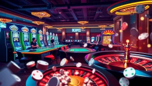 High-energy casino setting showcasing KJC AC, featuring vibrant slot machines, poker games, and roulette.