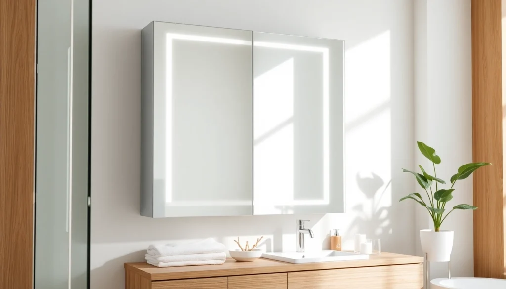 Spiegelschrank mit LED Beleuchtung in modernem Badezimmerdesign - elegante Beleuchtung und Stauraum