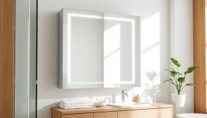 Spiegelschrank mit LED Beleuchtung in modernem Badezimmerdesign - elegante Beleuchtung und Stauraum