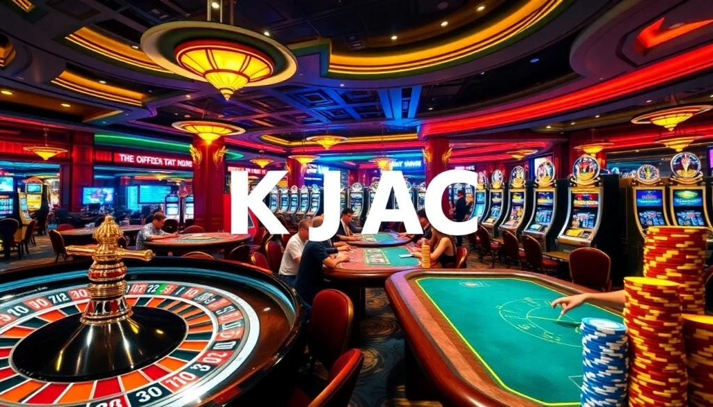 KJC AC casino scene with roulette, poker tables, and slot machines showcasing vibrant gaming excitement.