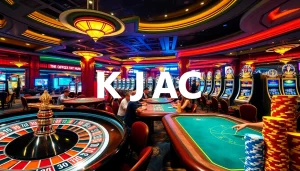 KJC AC casino scene with roulette, poker tables, and slot machines showcasing vibrant gaming excitement.