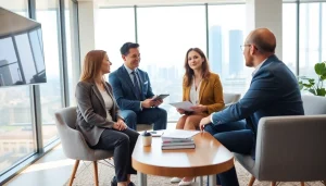 Consult a real estate agent in a professional office environment with city skyline backdrop.
