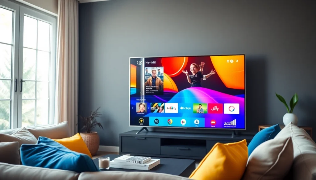 Family enjoying content on an iron tv in a vibrant living room, creating a cozy atmosphere.