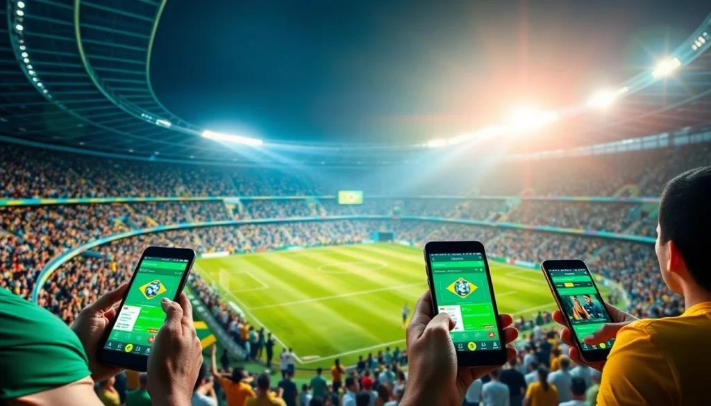 Highlighting best sports betting sites Brazil through an energetic sports betting scene with fans and mobile devices.