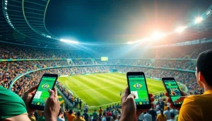 Highlighting best sports betting sites Brazil through an energetic sports betting scene with fans and mobile devices.