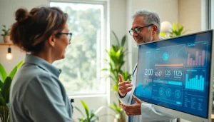 Calculate your biological age with a health advisor using a biological age calculator in a modern setting.