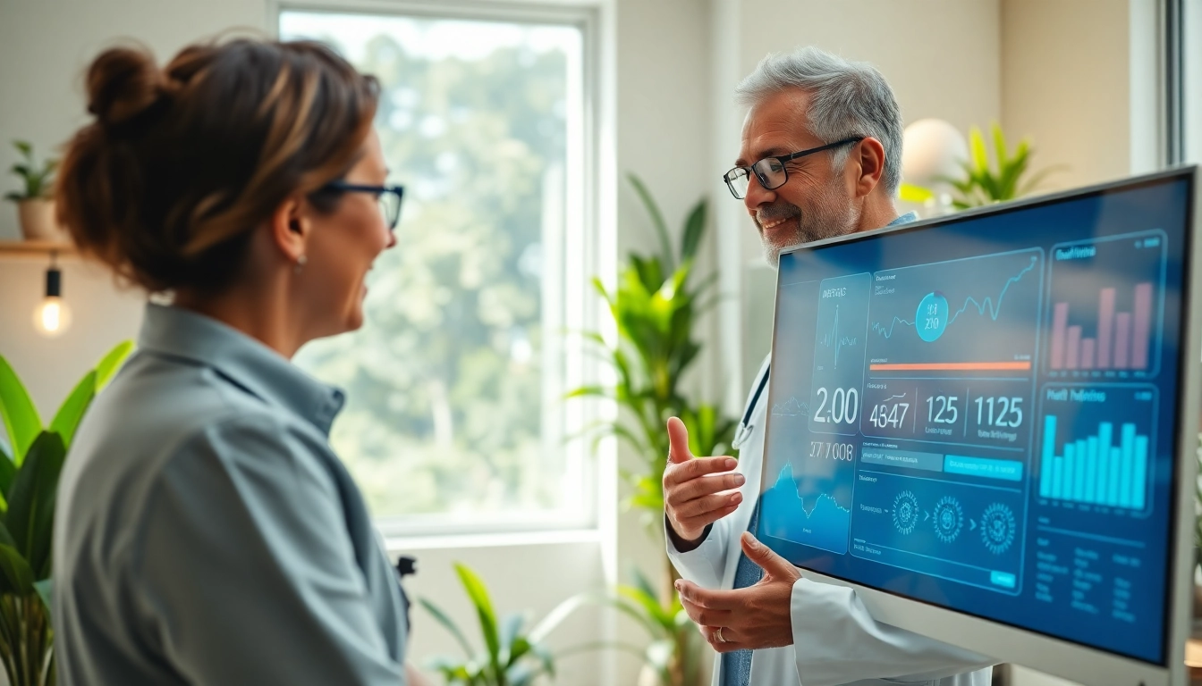 Calculate your biological age with a health advisor using a biological age calculator in a modern setting.