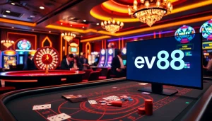Gambling excitement at ev88 with vibrant casino tables, cards and lively atmosphere.