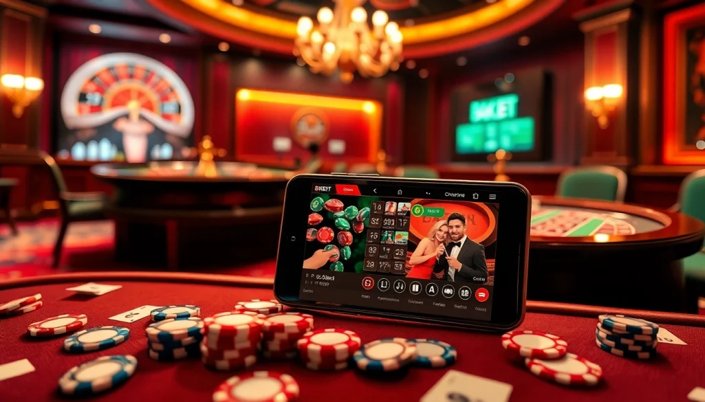Tải app 8kbet on a luxurious casino smartphone with roulette and poker elements.