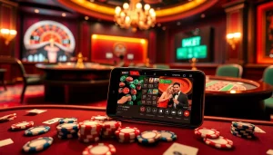 Tải app 8kbet on a luxurious casino smartphone with roulette and poker elements.