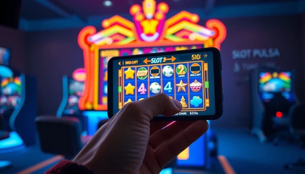 Menangkan slot depo pulsa di smartphone modern dengan desain menarik dan pencahayaan neon.