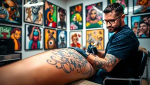 Artistic tattoo session at entrelagostattooartgallery.com showcasing a tattoo artist's skill.