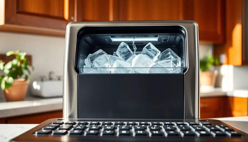 User-friendly ice maker producing fresh ice cubes in a modern kitchen setting.