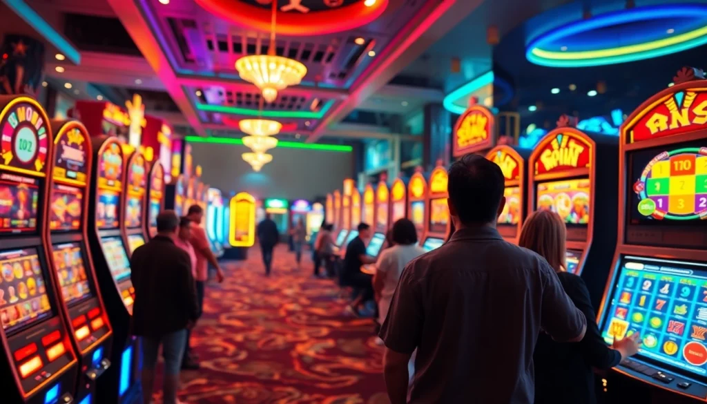 Situs kode4d showcasing vibrant online slot machines with interactive displays and an inviting atmosphere.