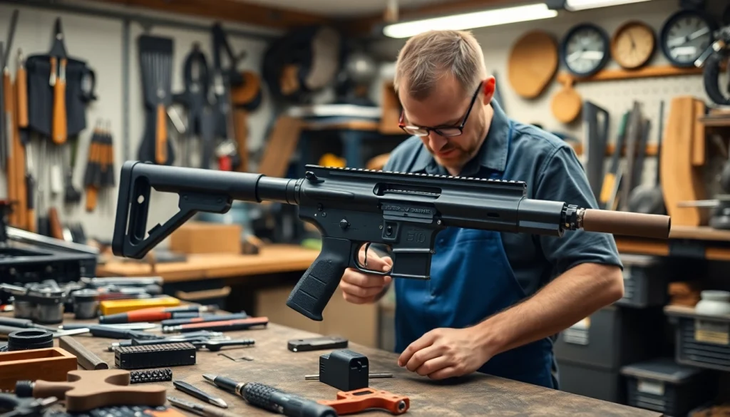 Assembling the pf940v2 frame kit in a professional gunsmith workshop with tools and parts.