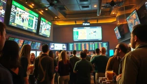 Engaging scene of sportsbooks in Alabama showcasing betting activities and sports event displays.