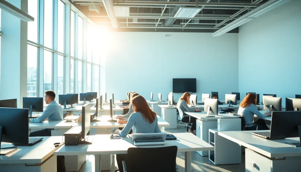 Typing center with modern desks and students engaged in typing exercises in a bright setting.