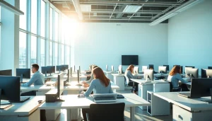 Typing center with modern desks and students engaged in typing exercises in a bright setting.