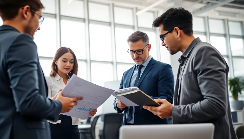 Engaged team discussing pre and post award compliance in a bright office.