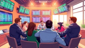 Engaging scene showcasing sportsbooks in Canada with diverse individuals discussing bets and stats.