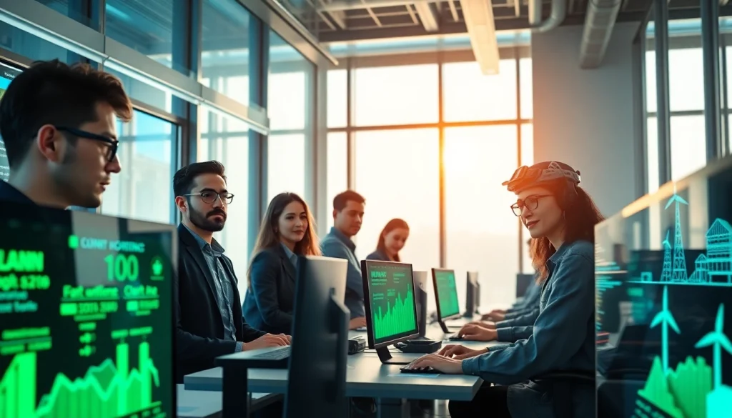 Crypto cloud mining team collaborating in a modern office with renewable energy visuals.