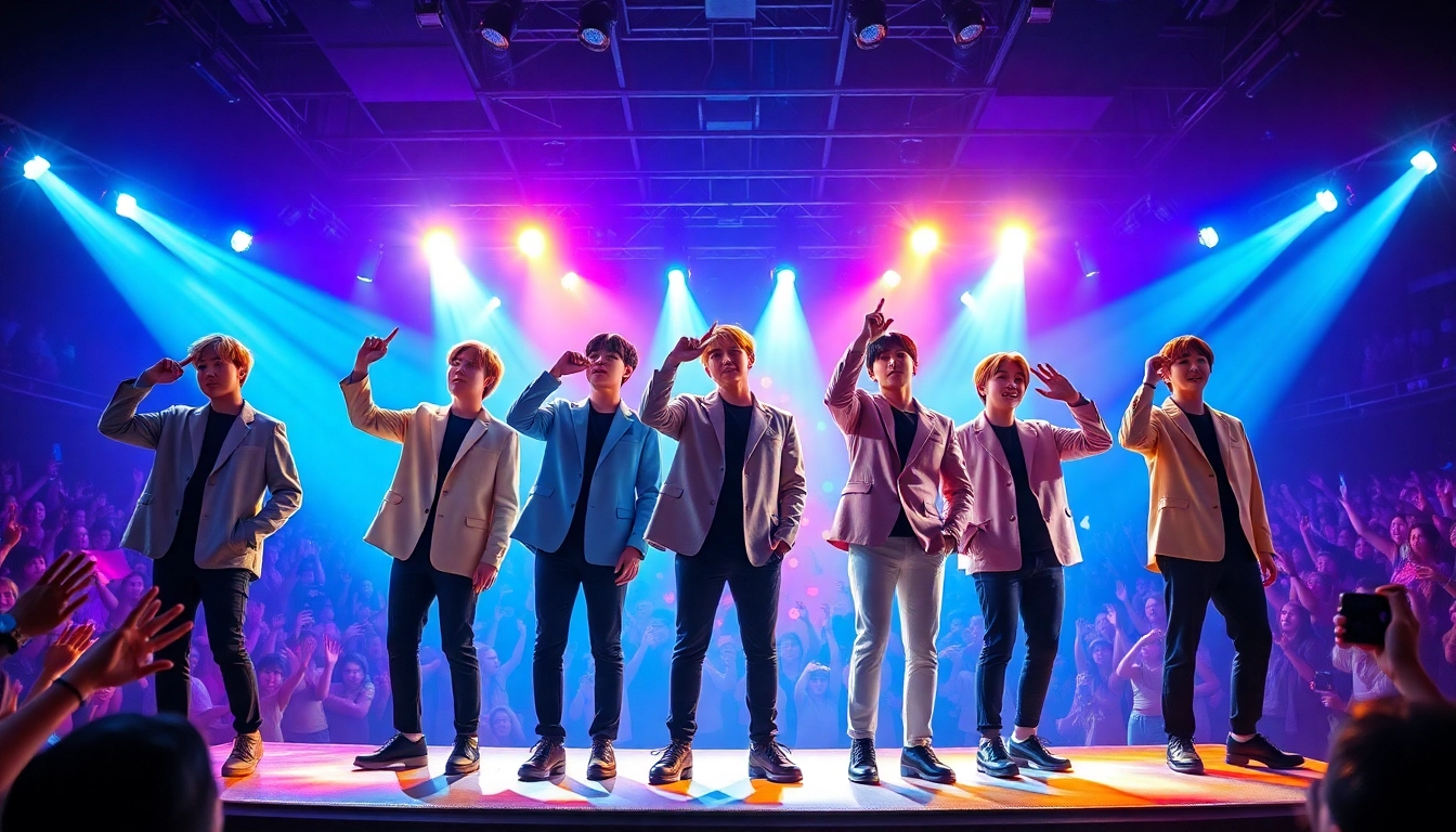 BTS members performing energetically on stage surrounded by vibrant lights and fans.