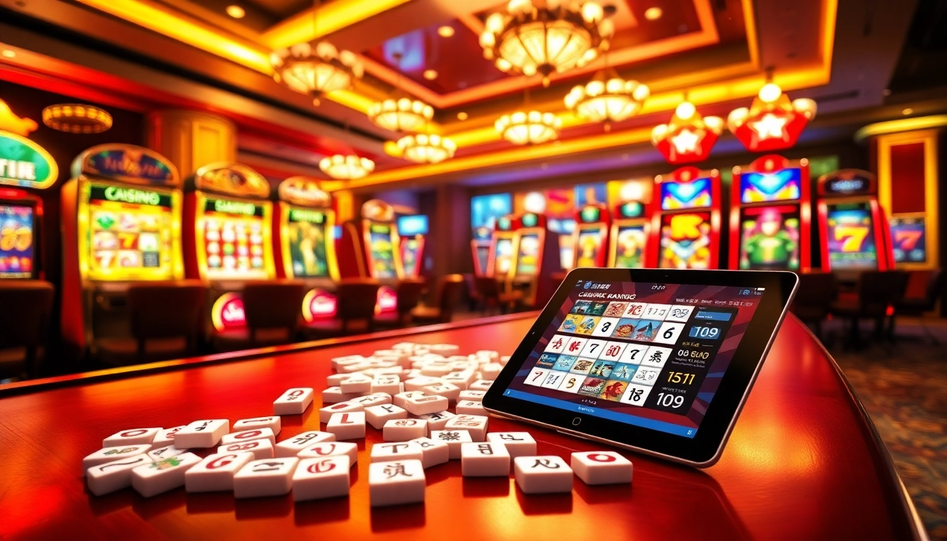 Experience the excitement of link mahjong in an opulent casino setting filled with Mahjong tiles and vibrant slot machines.