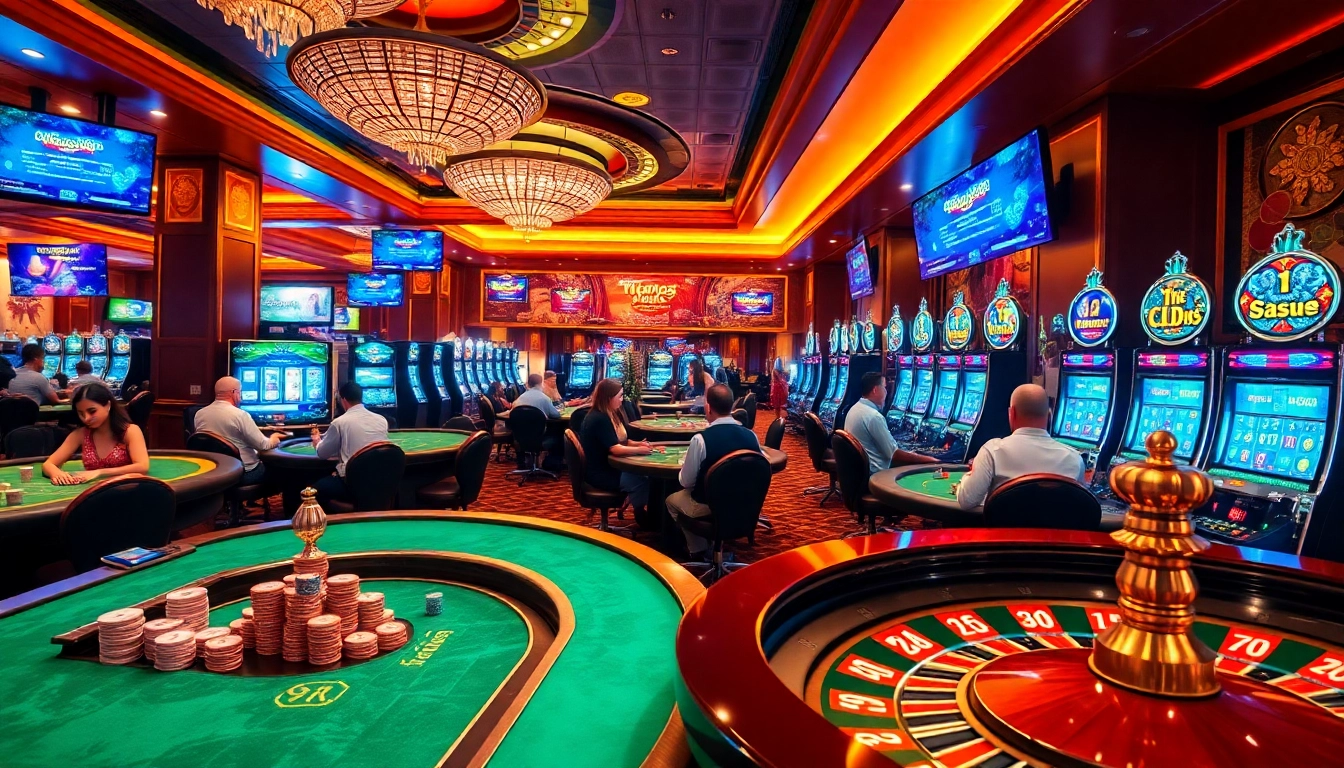 Engaging players enjoying a thrilling atmosphere at a situs deposit 5k casino, showcasing tables and slot machines.