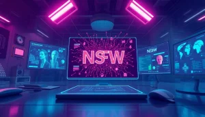 Advanced AI NSFW image generator interface in a modern tech setting.