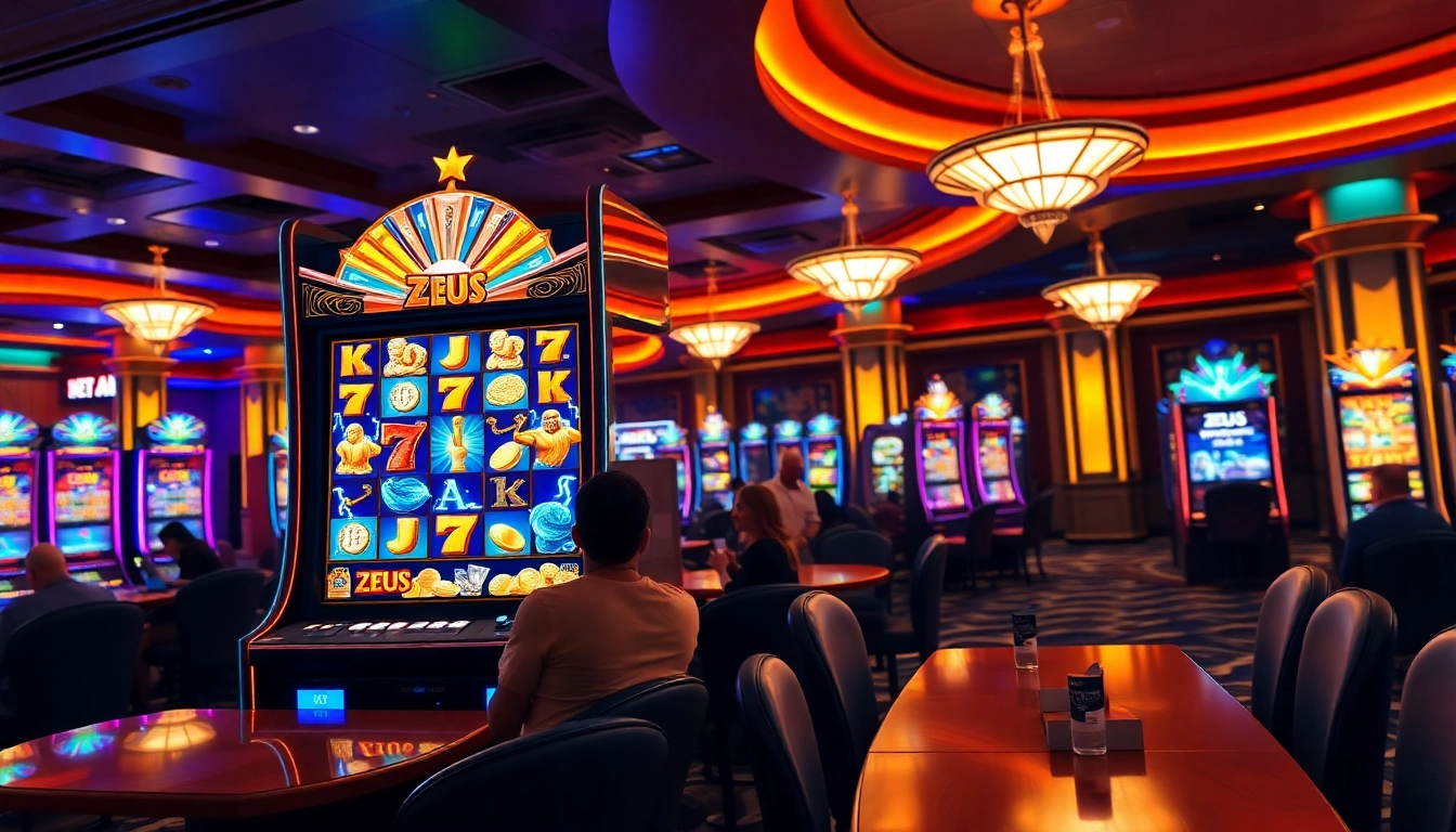 Players enjoying the Zeus slot machine in a vibrant casino atmosphere.